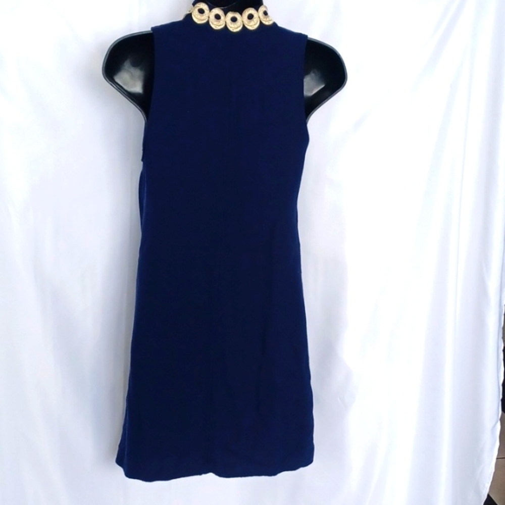 Lily Pulitzer Navy Mini Dress, Gold Trim, Sz 2, 18" PTP, 32" Long, Front Zip - Picture 4 of 7